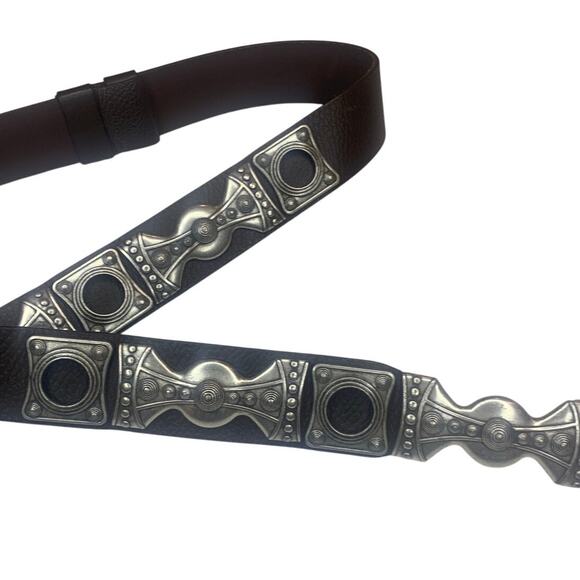 Chicos Genuine Leather Studded Belt L Silver Metal Aztec Steam Punk Ring Clasp - Picture 6 of 7